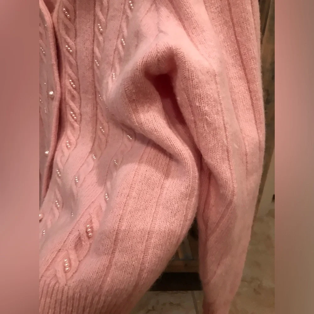 LAUREN COLE 70% Lambswool Angora Pearl Embellished Baby Pink Knit Cardigan - MP - Picture 8 of 10